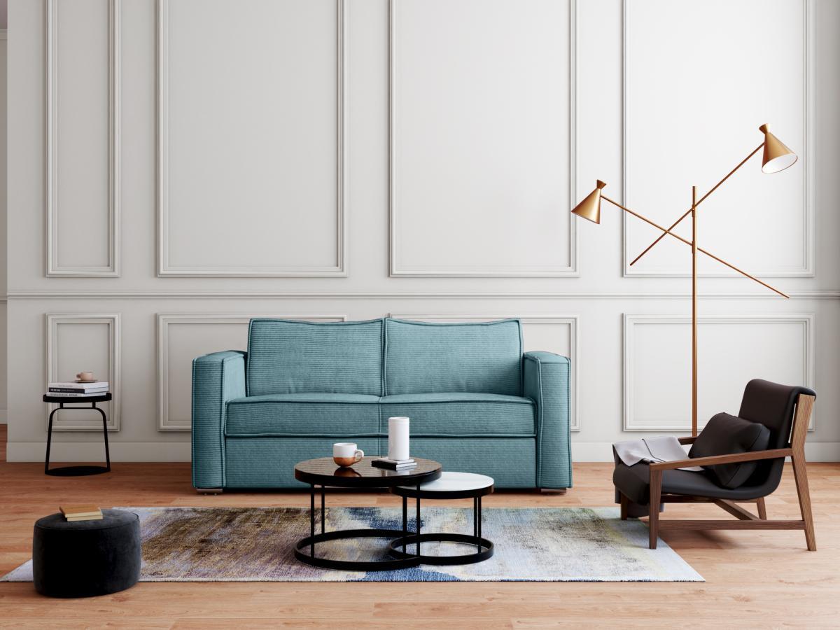 Vente-unique Schlafsofa mit Matratze 4-Sitzer - Cord - Türkisblau - Liegefläche mit Lattenrost mit breiten Latten 160 cm - Matratze 14 cm - LORETO  