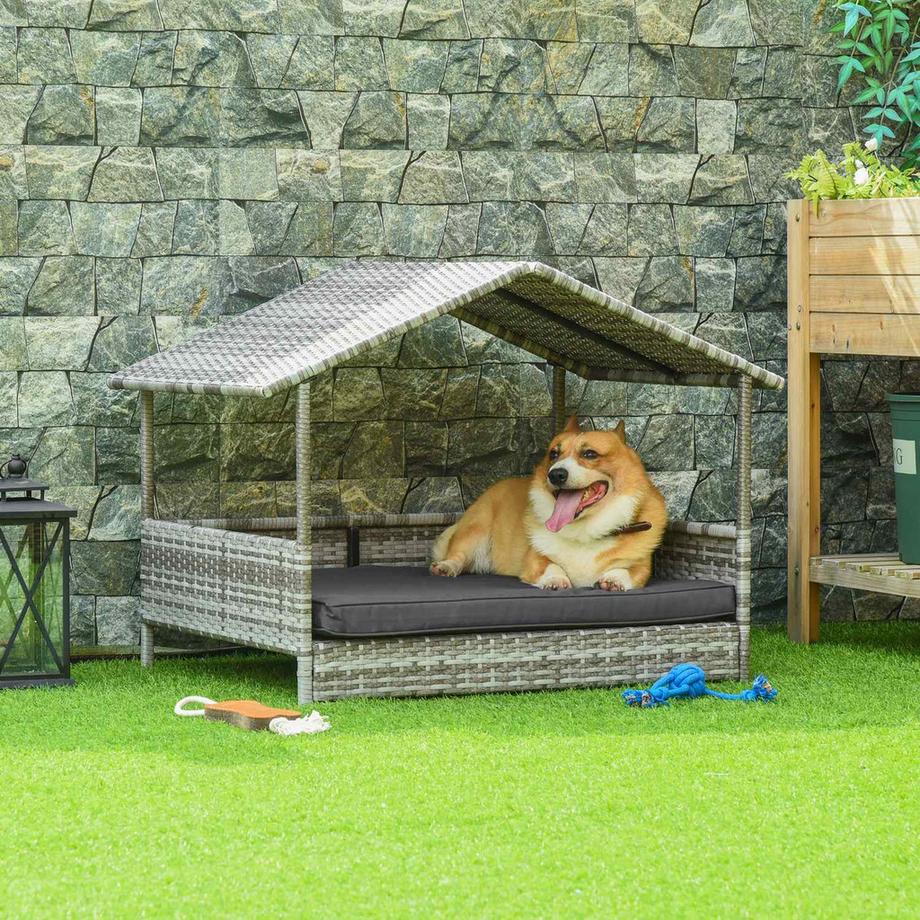 Northio  Rattan Hundehaus mit Kissen, Hundebett im Hausform, Outdoor Hundehütte, Stahlrahmen, Kunststoff, Grau, 69 x 98 x 70 cm 