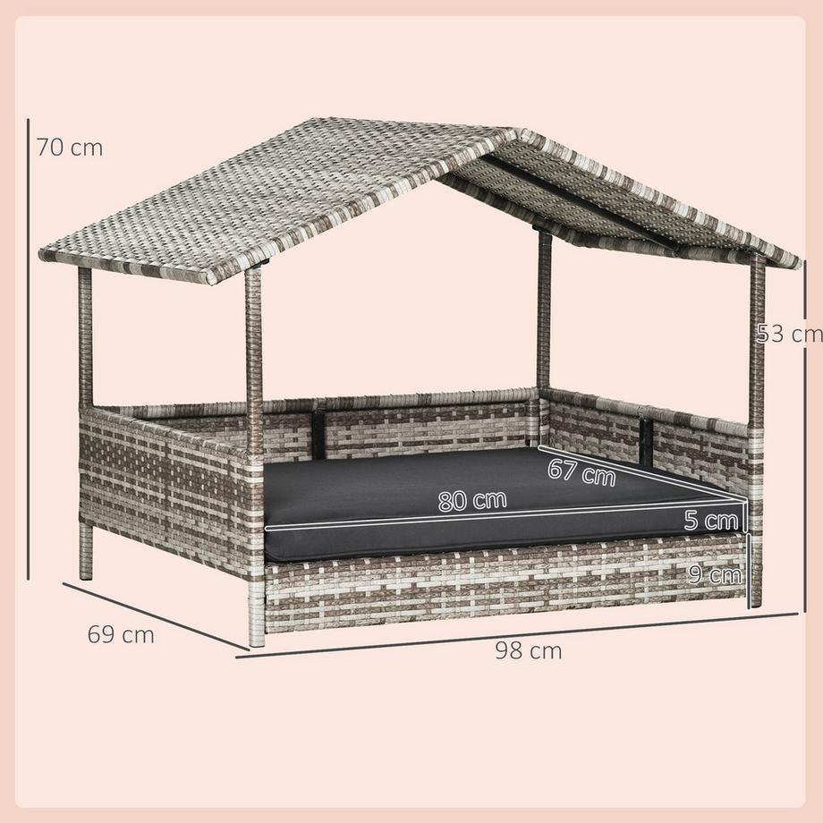 Northio  Rattan Hundehaus mit Kissen, Hundebett im Hausform, Outdoor Hundehütte, Stahlrahmen, Kunststoff, Grau, 69 x 98 x 70 cm 