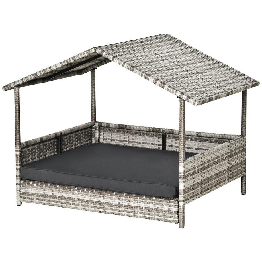Northio  Rattan Hundehaus mit Kissen, Hundebett im Hausform, Outdoor Hundehütte, Stahlrahmen, Kunststoff, Grau, 69 x 98 x 70 cm 