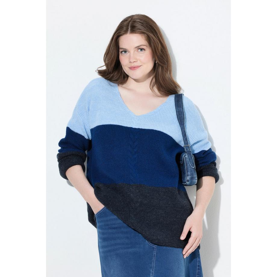 Ulla Popken Pull Colour Block Motif Torsadé Col V Manches Longues  