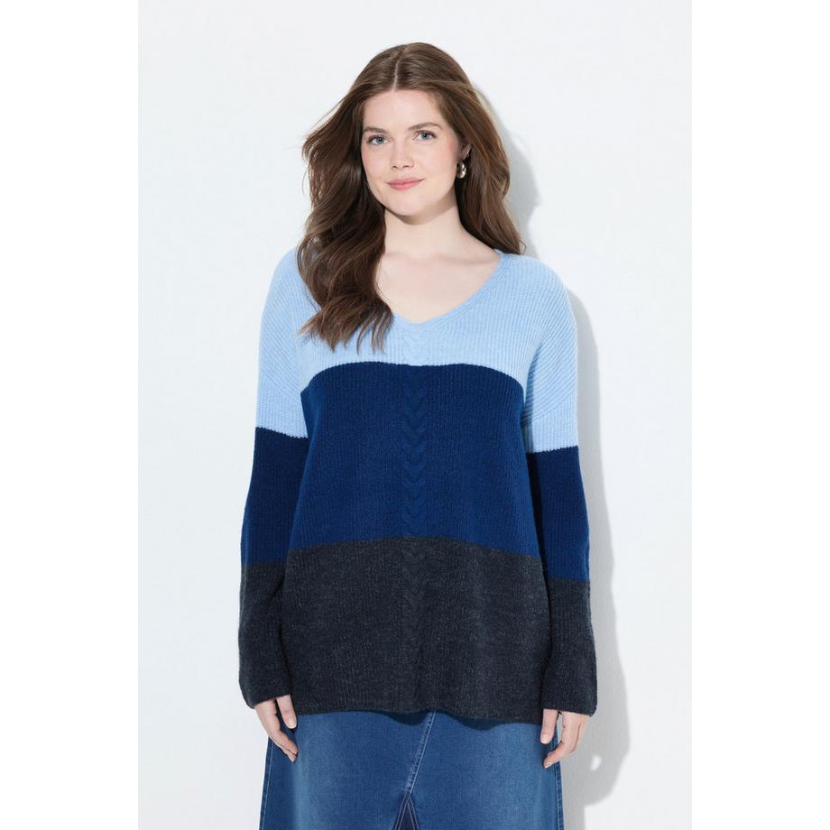 Ulla Popken Pull Colour Block Motif Torsadé Col V Manches Longues  