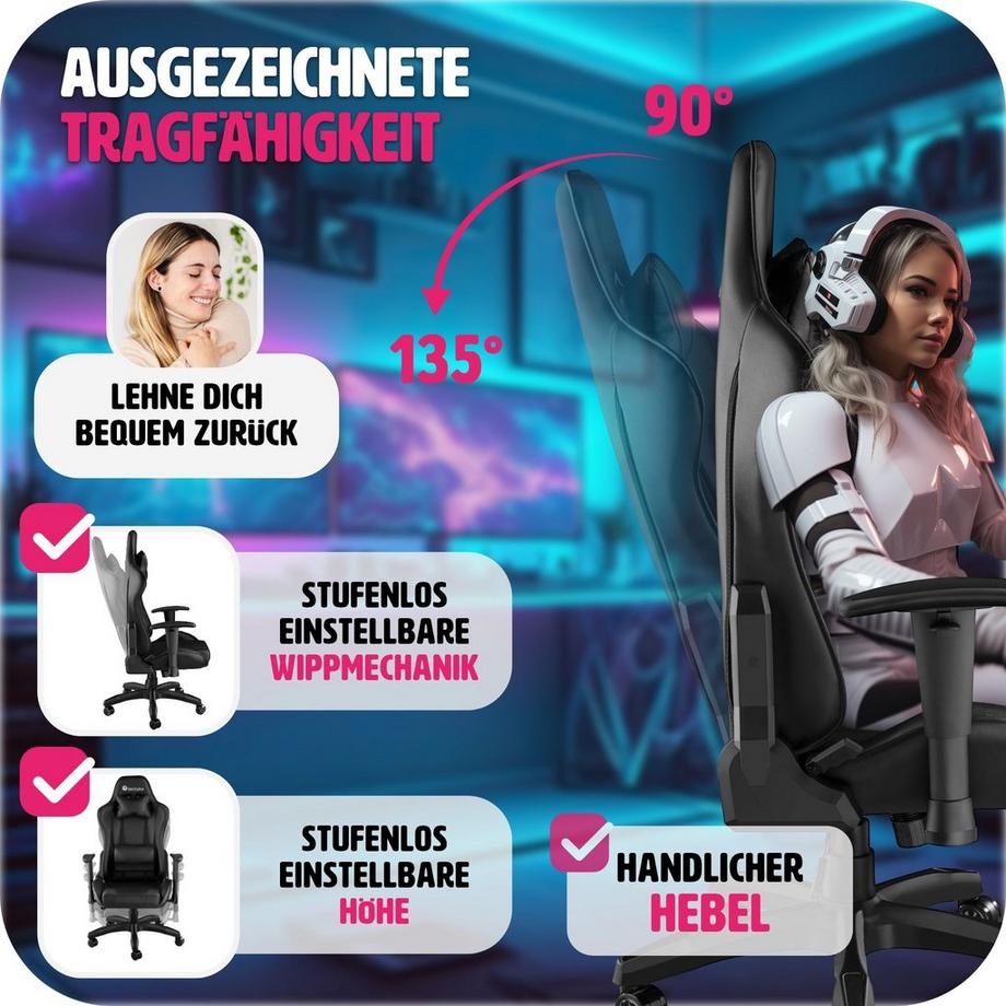 Tectake Racing Gaming Stuhl Twink ergonomische Form, mit verstellbarer Rückenlehne dicke Polsterung  