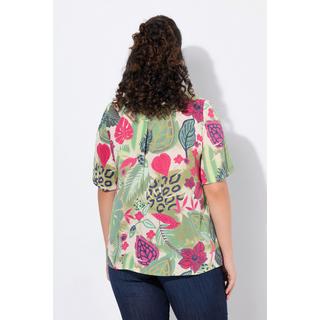 Ulla Popken Blusa Smock Foglie Taglio Svasato Scollo Rotondo Mezze Maniche Svasate  