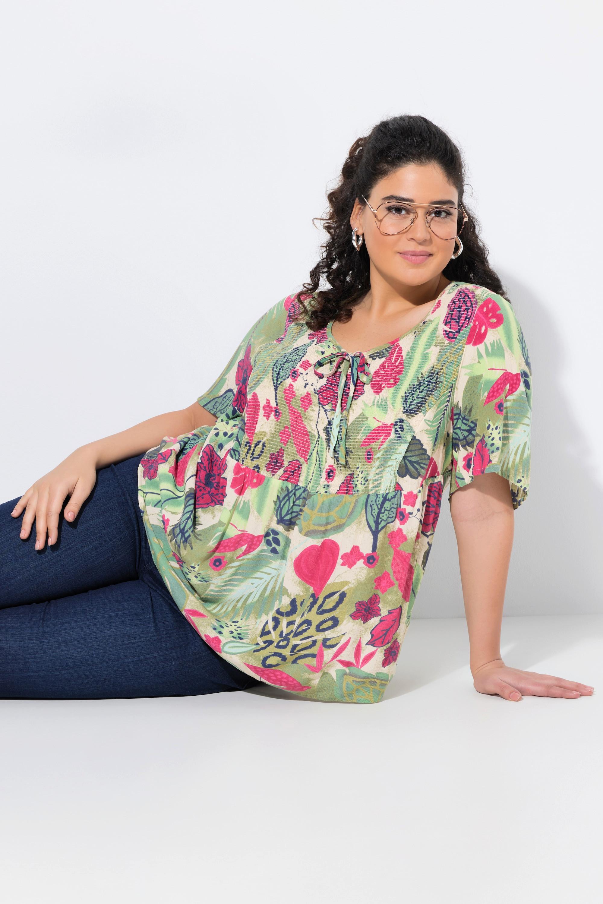 Ulla Popken Blusa Smock Foglie Taglio Svasato Scollo Rotondo Mezze Maniche Svasate  