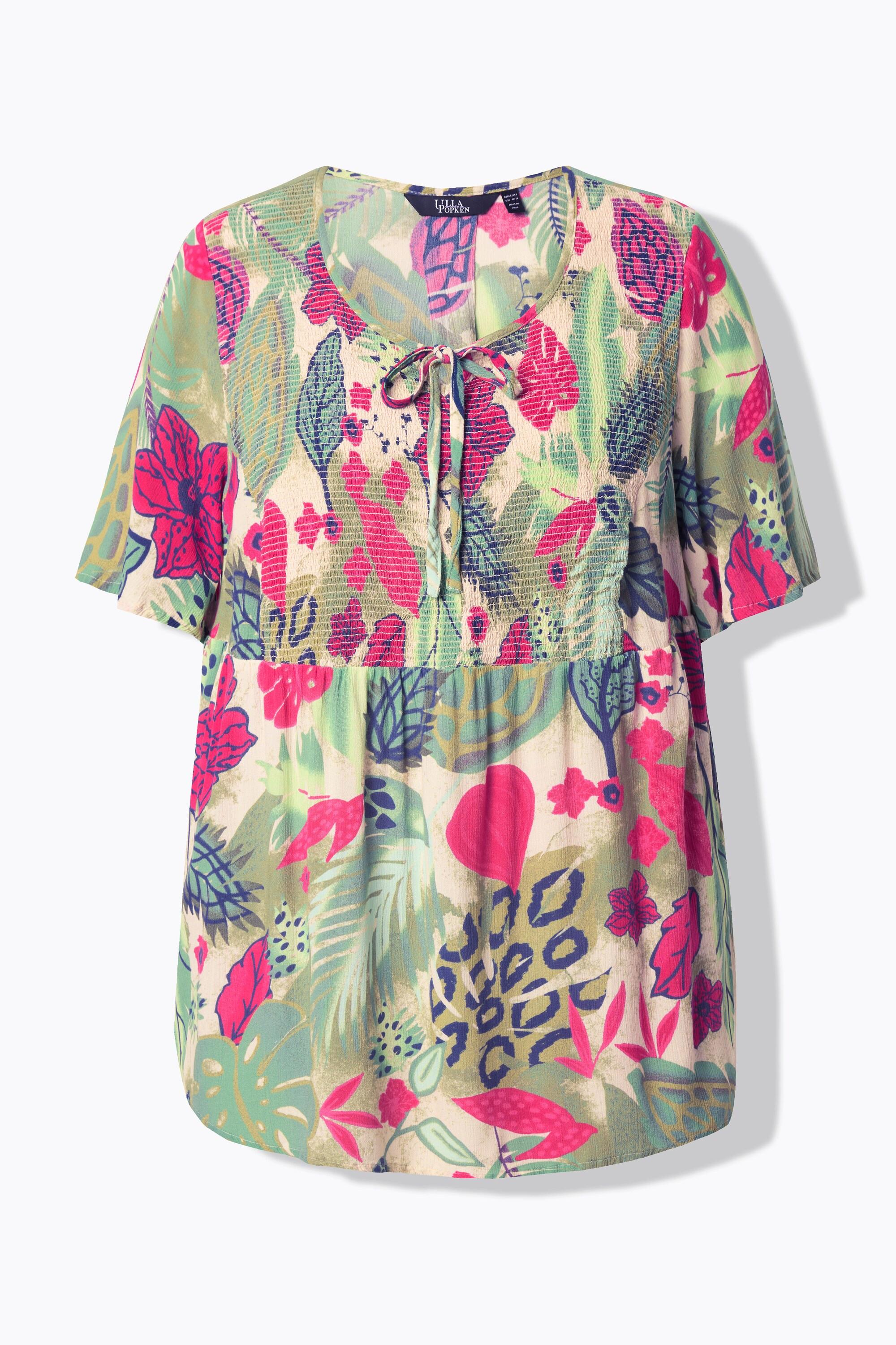 Ulla Popken Blusa Smock Foglie Taglio Svasato Scollo Rotondo Mezze Maniche Svasate  