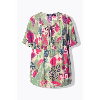 Ulla Popken Blusa Smock Foglie Taglio Svasato Scollo Rotondo Mezze Maniche Svasate  