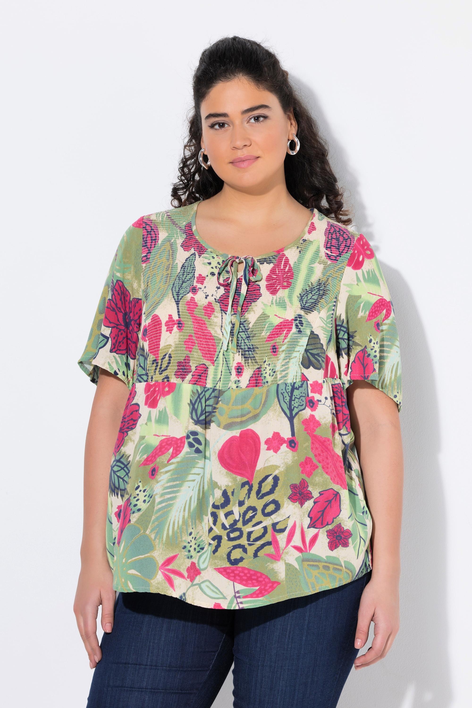 Ulla Popken Blusa Smock Foglie Taglio Svasato Scollo Rotondo Mezze Maniche Svasate  