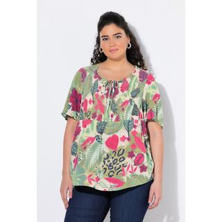 Ulla Popken Blusa Smock Foglie Taglio Svasato Scollo Rotondo Mezze Maniche Svasate  