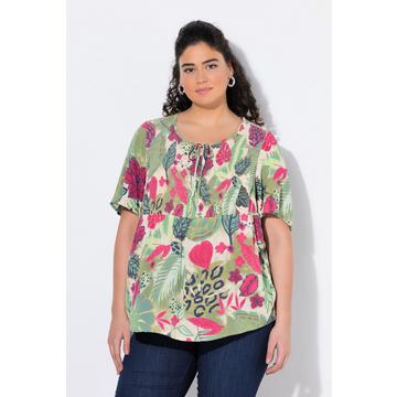 Blusa dal taglio svasato con foglie, punto smock, scollo rotondo e mezze maniche svasate