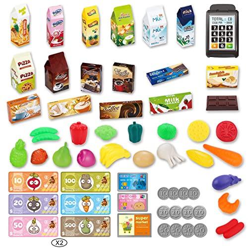 Activity-board  Chariot de courses pour enfants, 65 aliments, fruits et légumes, jeu de simulation, jeu de rôle, jouet éducatif, cuisine, magasin de jouets (rouge) 