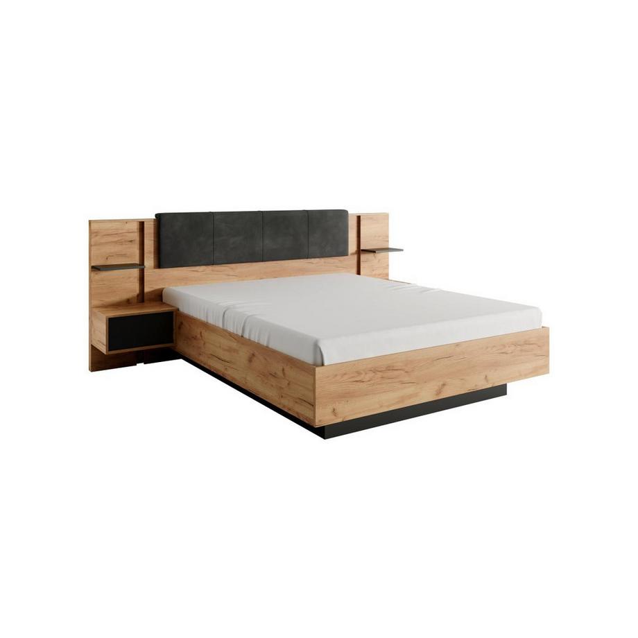 Vente-unique Letto con contenitore con comodini - con LED - + Materasso 160 x 200 cm - Naturale e Antracite - ELYNIA  