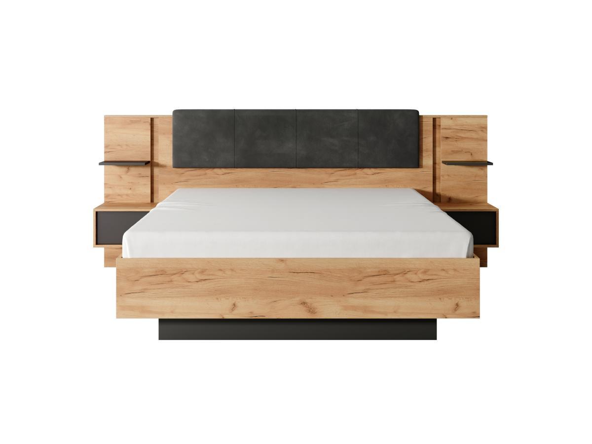 Vente-unique Lit coffre avec chevets 160 x 200 cm - Avec LEDs - Coloris : Naturel et anthracite + Matelas - ELYNIA  