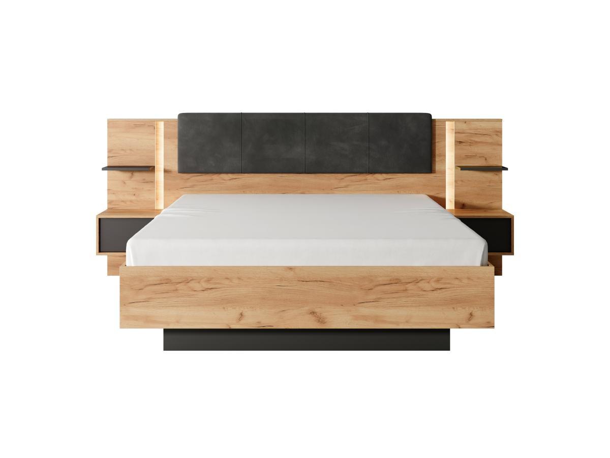 Vente-unique Lit coffre avec chevets 160 x 200 cm - Avec LEDs - Coloris : Naturel et anthracite + Matelas - ELYNIA  