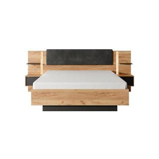 Vente-unique Lit coffre avec chevets 160 x 200 cm - Avec LEDs - Coloris : Naturel et anthracite + Matelas - ELYNIA  