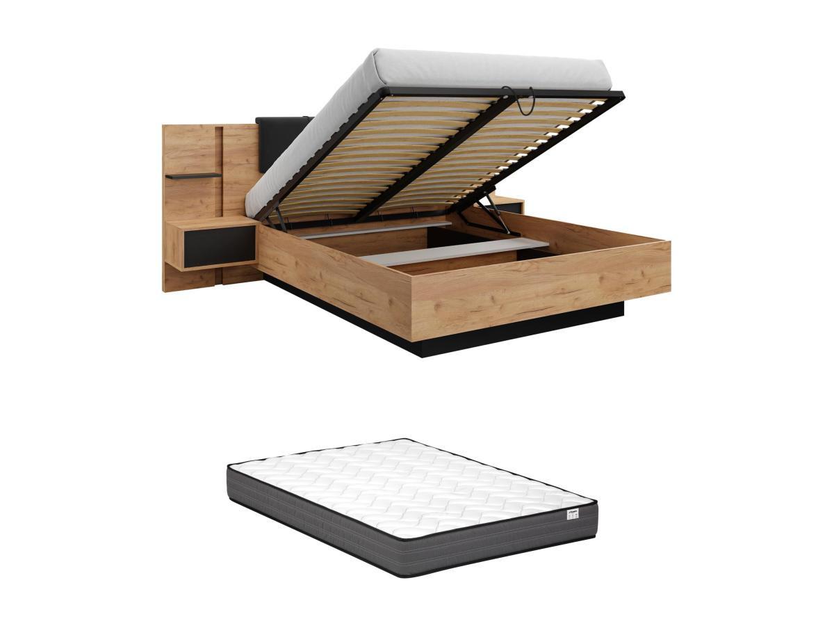 Vente-unique Lit coffre avec chevets 160 x 200 cm - Avec LEDs - Coloris : Naturel et anthracite + Matelas - ELYNIA  