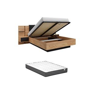 Vente-unique Lit coffre avec chevets 160 x 200 cm - Avec LEDs - Coloris : Naturel et anthracite + Matelas - ELYNIA  