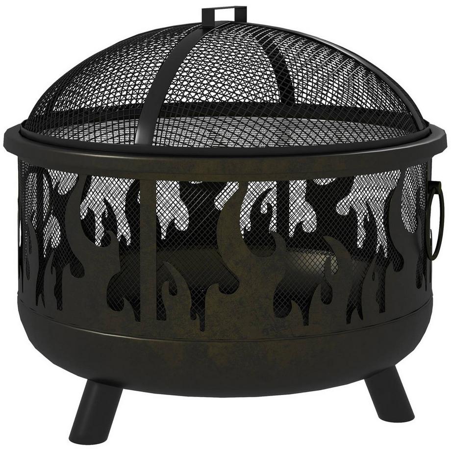 Braciere 2 In 1 Braciere Con Parascintille E Griglia, Per Barbecue Da Giardino, Metallo, Nero, Ø61X55Cm