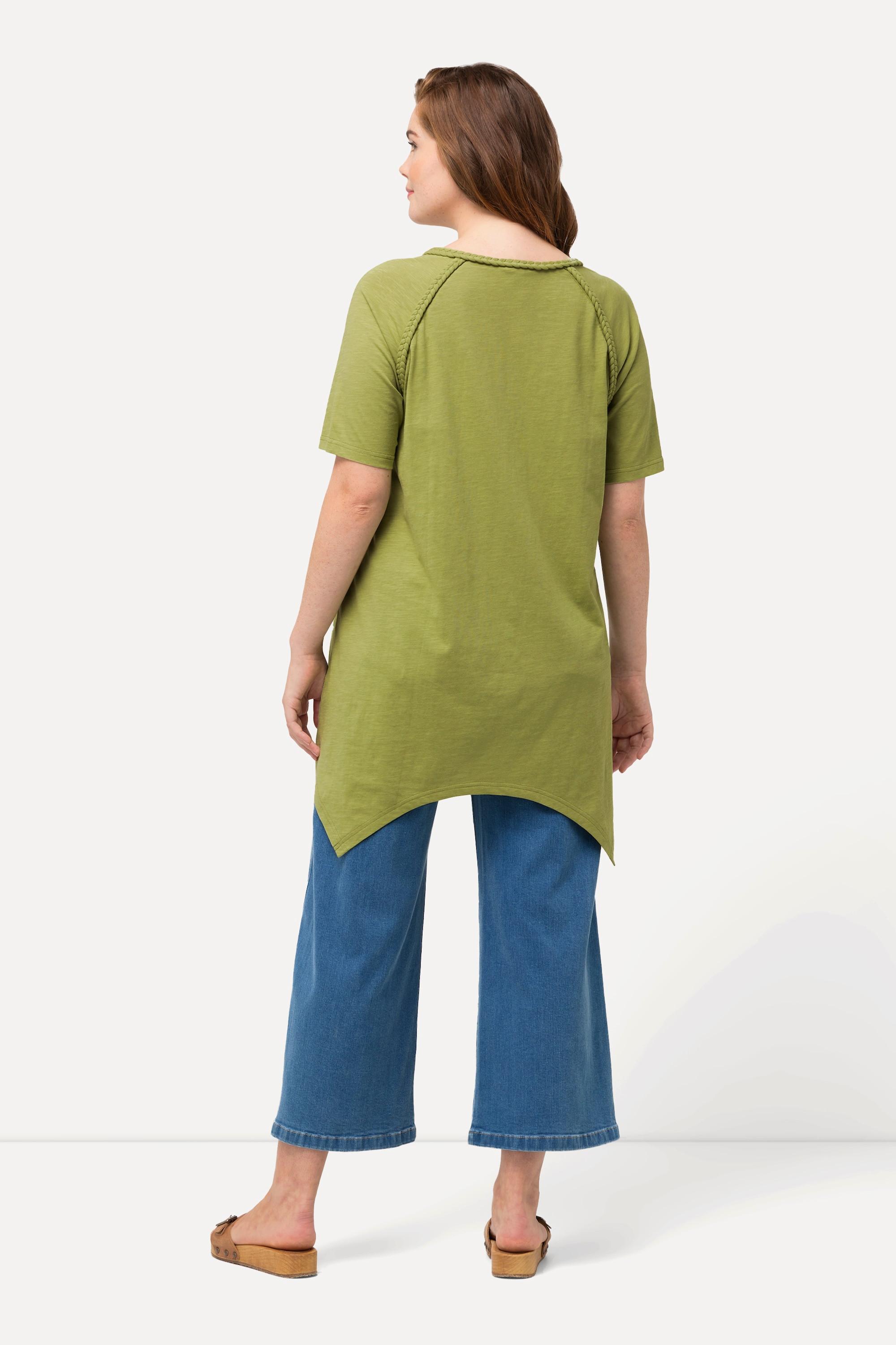 Ulla Popken  T-shirt di cotone biologico con orlo a punte, scollatura a V e mezze maniche 