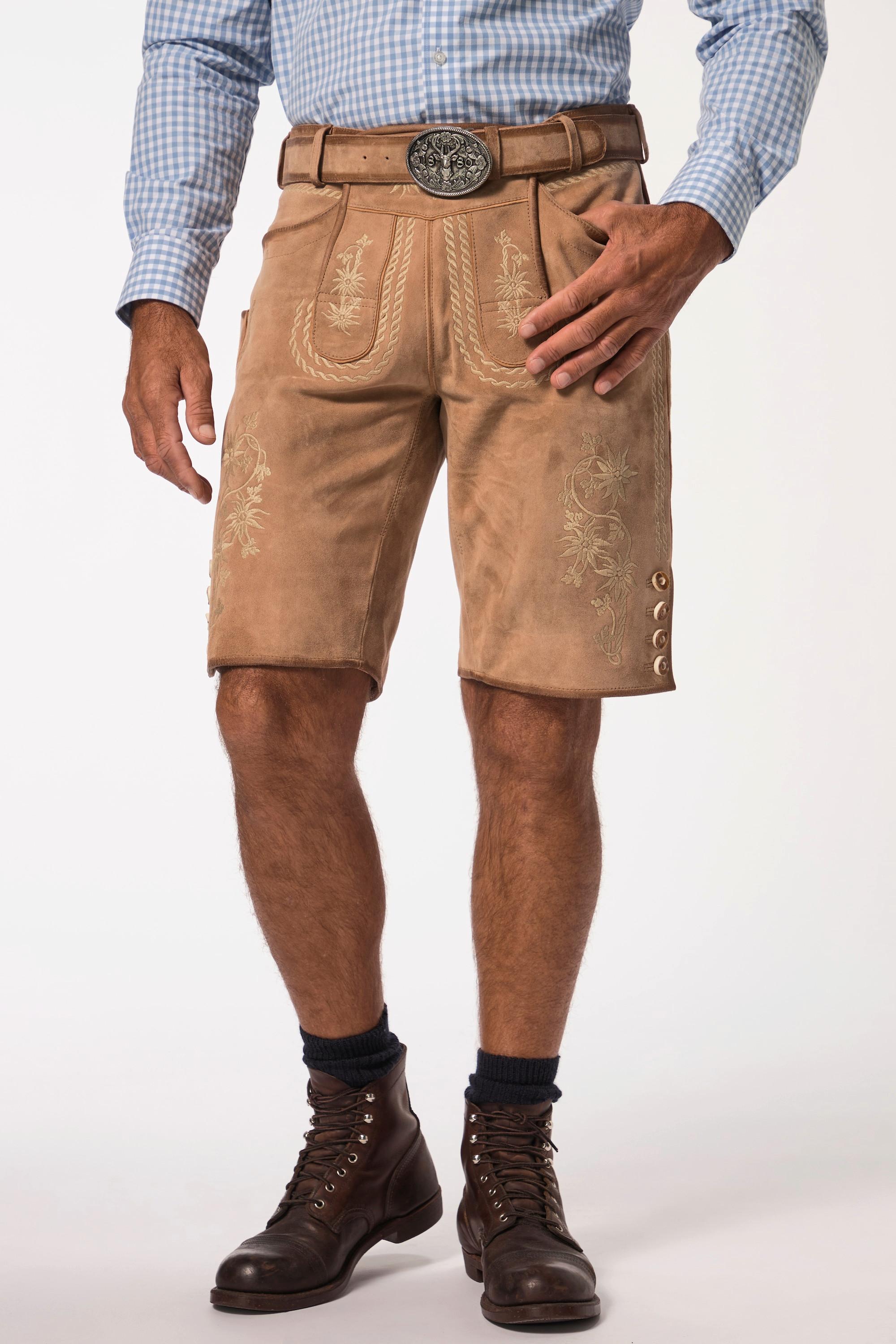 JP1880  Lederhosen in tradizionale stile Tracht in pelle di capra con ricami tradizionali e cintura di pelle in omaggio 