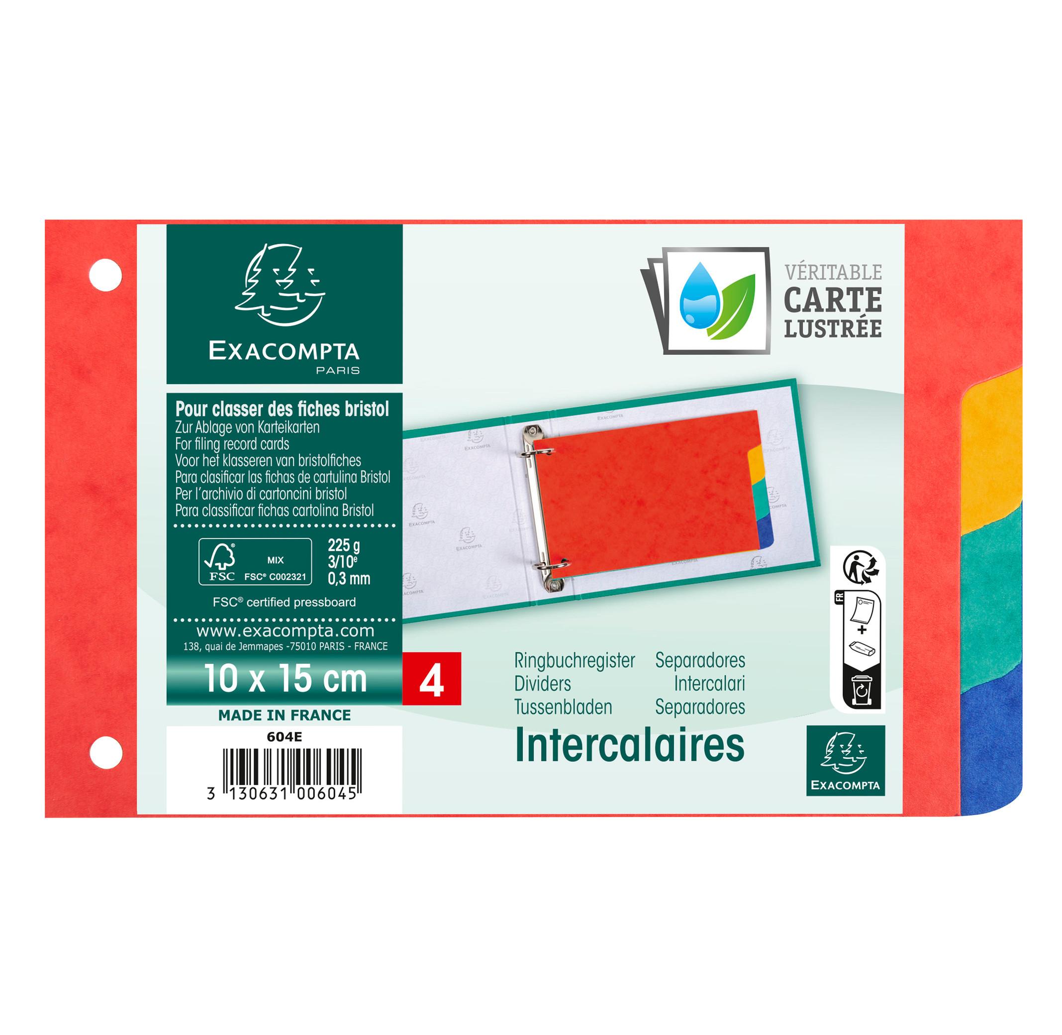 Exacompta Intercalaires pour fiches bristol carte lustrée 225g/m2 4 positions - 100x150mm - x 10  