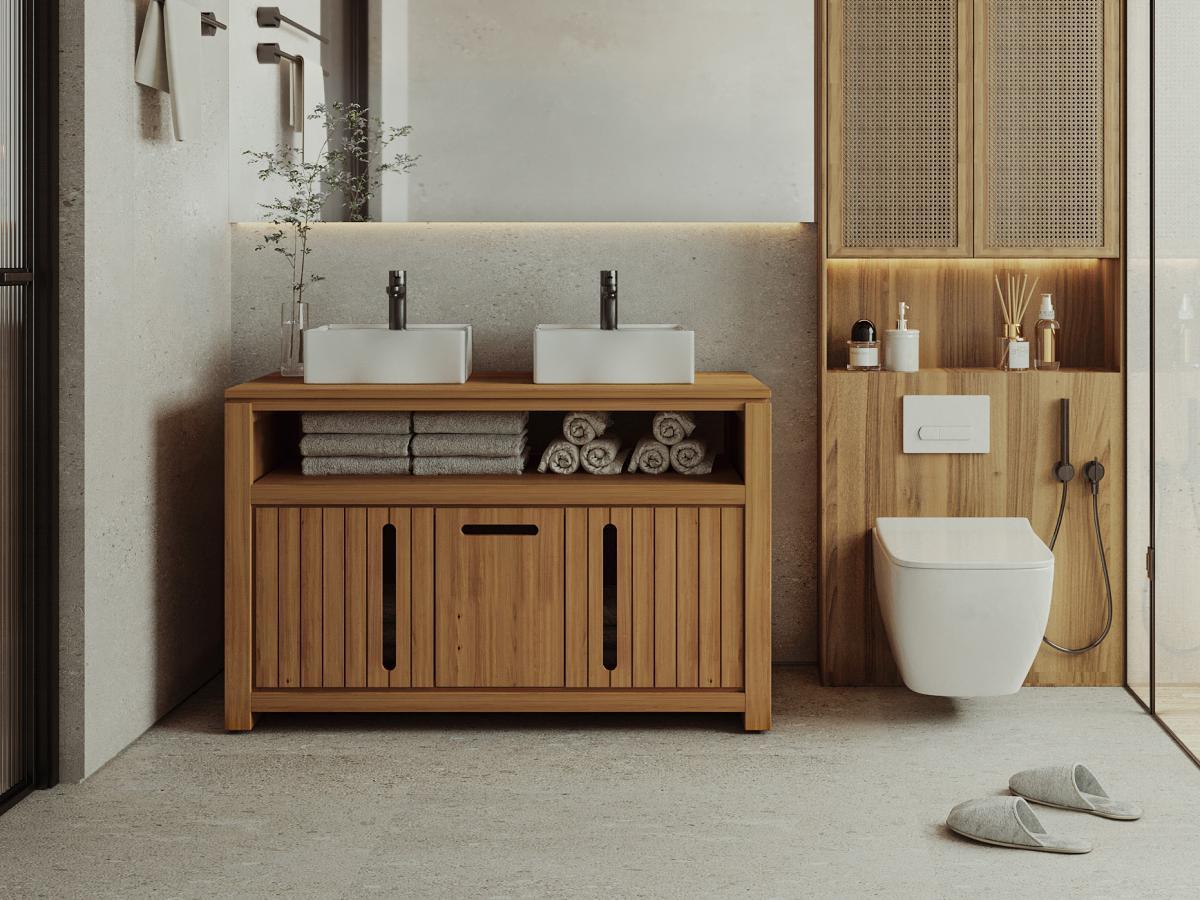 Vente-unique Waschbeckenunterschrank aus hellem Teakholz - 120 cm - SARATOK  