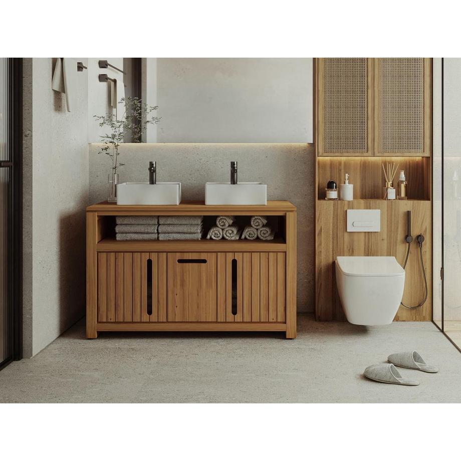 Vente-unique Waschbeckenunterschrank aus hellem Teakholz - 120 cm - SARATOK  