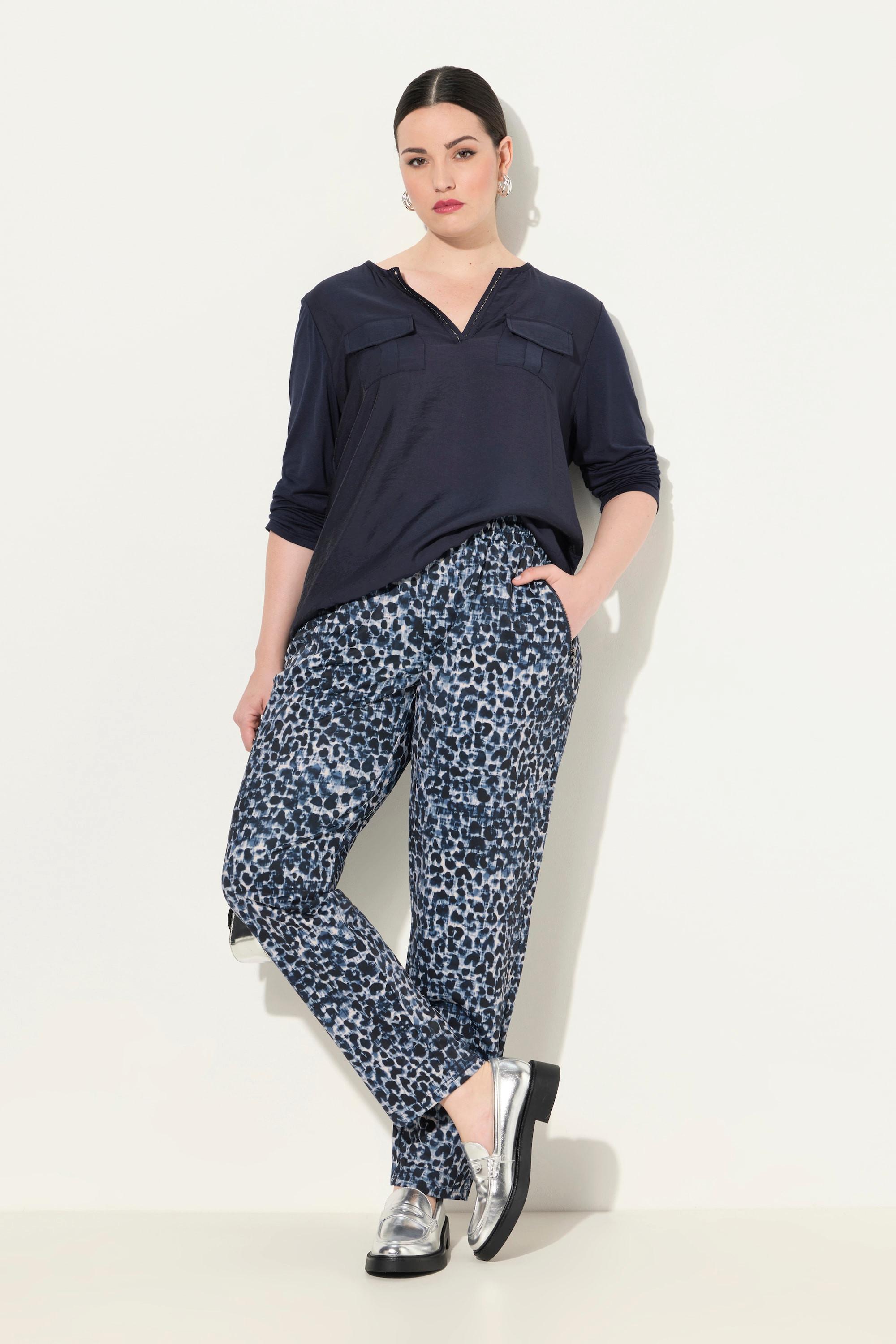 Ulla Popken Pantaloni di jersey fantasia leopardata vita elastica tasche con zip  