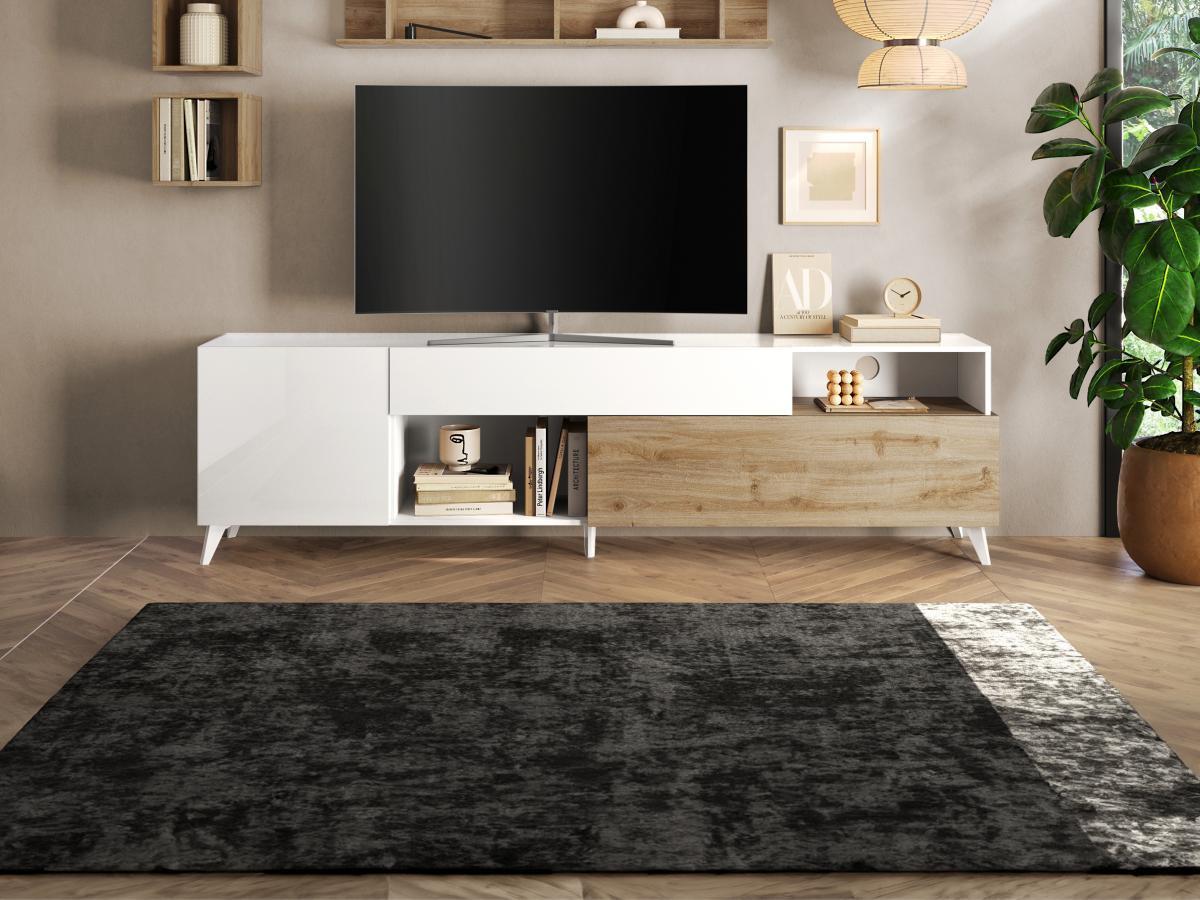 Vente-unique TV-Möbel mit 2 Türen , 1 Schublade & 2 Ablagefächern - 241 cm - Weiß lackiert & Holzfarben - DONALA  