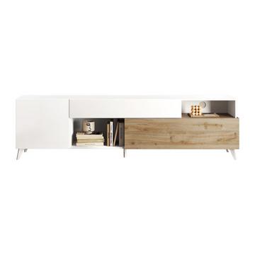 Meuble TV avec 2 portes, 1 tiroir et 2 niches - 241 cm - Blanc laqué et naturel - DONALA