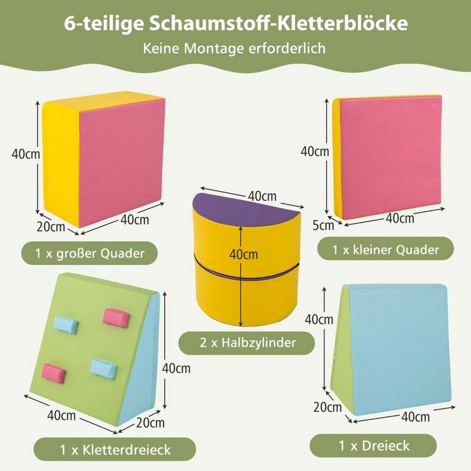 B2X  6 TLG. Kinder Schamstoff Bausteine mit Kletterfelsen zum Klettern & Krabbeln Softbausteine 