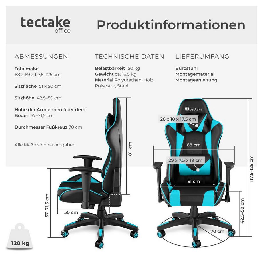Tectake Racing Gaming Stuhl Twink ergonomische Form, mit verstellbarer Rückenlehne dicke Polsterung  