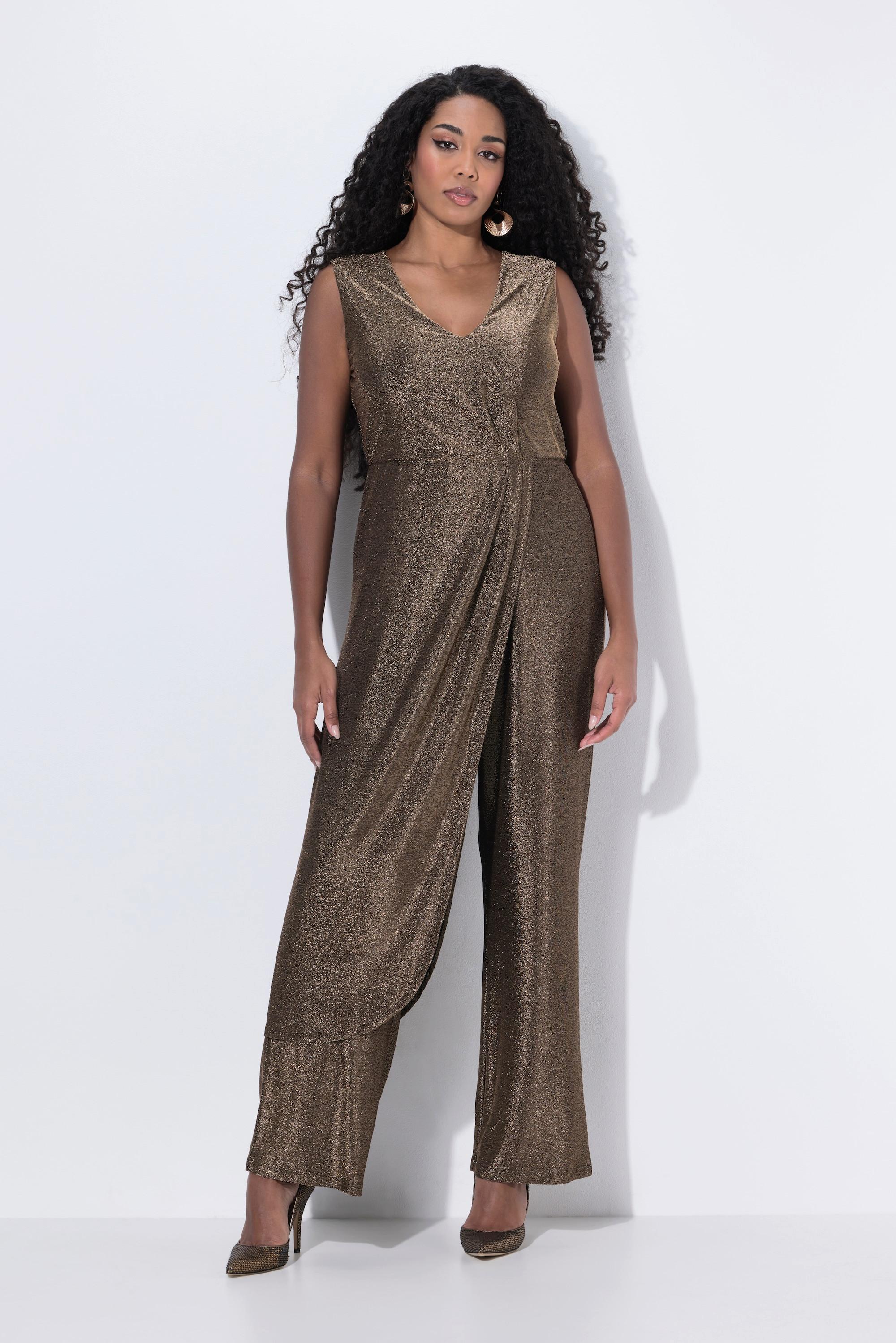 Ulla Popken Glitter Weites Bein Ärmelloser V-Ausschnitt Jumpsuit  