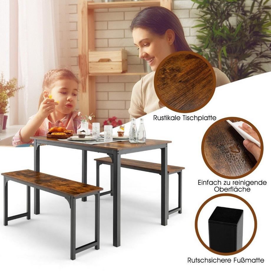 B2X Esstisch mit 2 Bänken Essgruppe 3er-Set 110 x 70 cm Küchentisch für 4 Personen Kaffee + Schwarz  