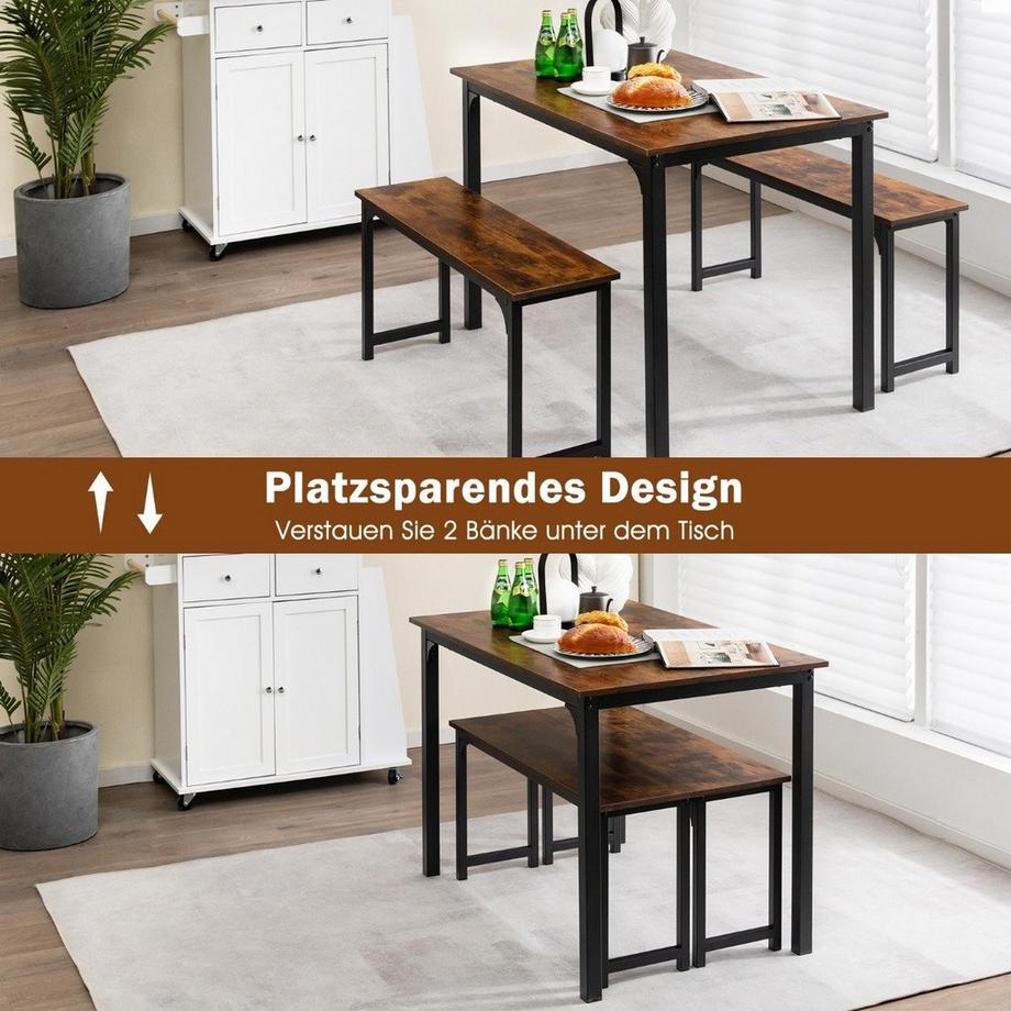 B2X Esstisch mit 2 Bänken Essgruppe 3er-Set 110 x 70 cm Küchentisch für 4 Personen Kaffee + Schwarz  