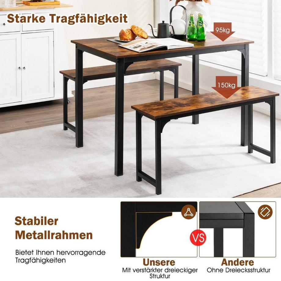 B2X Esstisch mit 2 Bänken Essgruppe 3er-Set 110 x 70 cm Küchentisch für 4 Personen Kaffee + Schwarz  