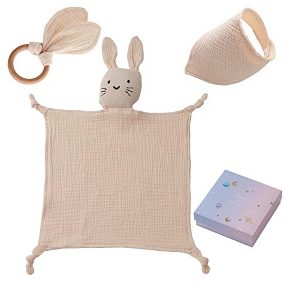 Baby Geschenk zur Geburt Junge & Mädchen Baby Geschenkset - Schmusetuch - Lätzchen - Beißring -
