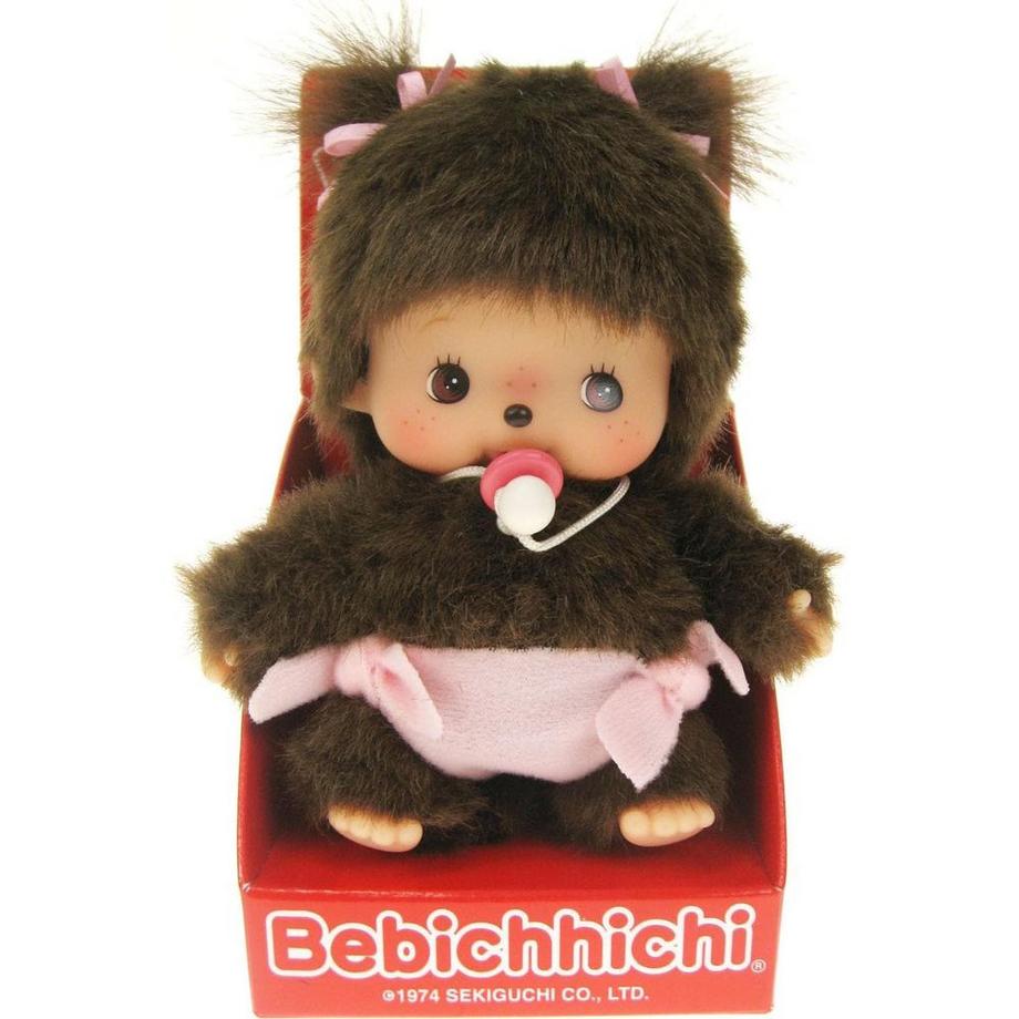 Monchhichi  Sekiguchi 235380 Original Bebichhichi Mädchen, aus braunem Plüsch, mit Windel und Zöpfen mit Schleifen, ca. 15 cm 
