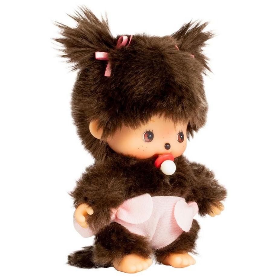 Monchhichi  Sekiguchi 235380 Original Bebichhichi Mädchen, aus braunem Plüsch, mit Windel und Zöpfen mit Schleifen, ca. 15 cm 