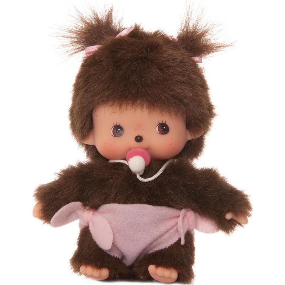 Monchhichi  Sekiguchi 235380 Original Bebichhichi Mädchen, aus braunem Plüsch, mit Windel und Zöpfen mit Schleifen, ca. 15 cm 