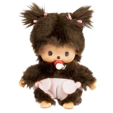 Sekiguchi 235380 Original Bebichhichi Mädchen, aus braunem Plüsch, mit Windel und Zöpfen mit Schleifen, ca. 15 cm