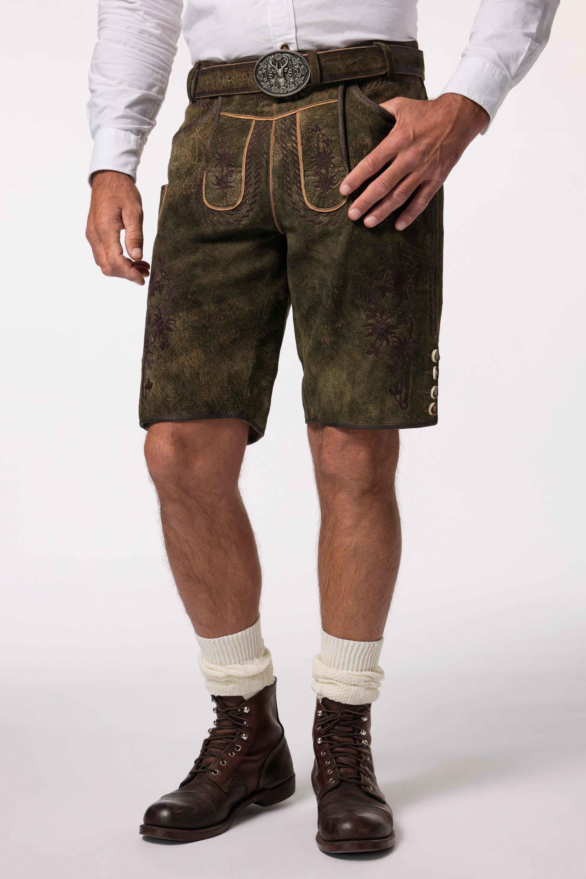 JP1880  Lederhosen in tradizionale stile Tracht in pelle di capra con ricami tradizionali e cintura di pelle in omaggio 