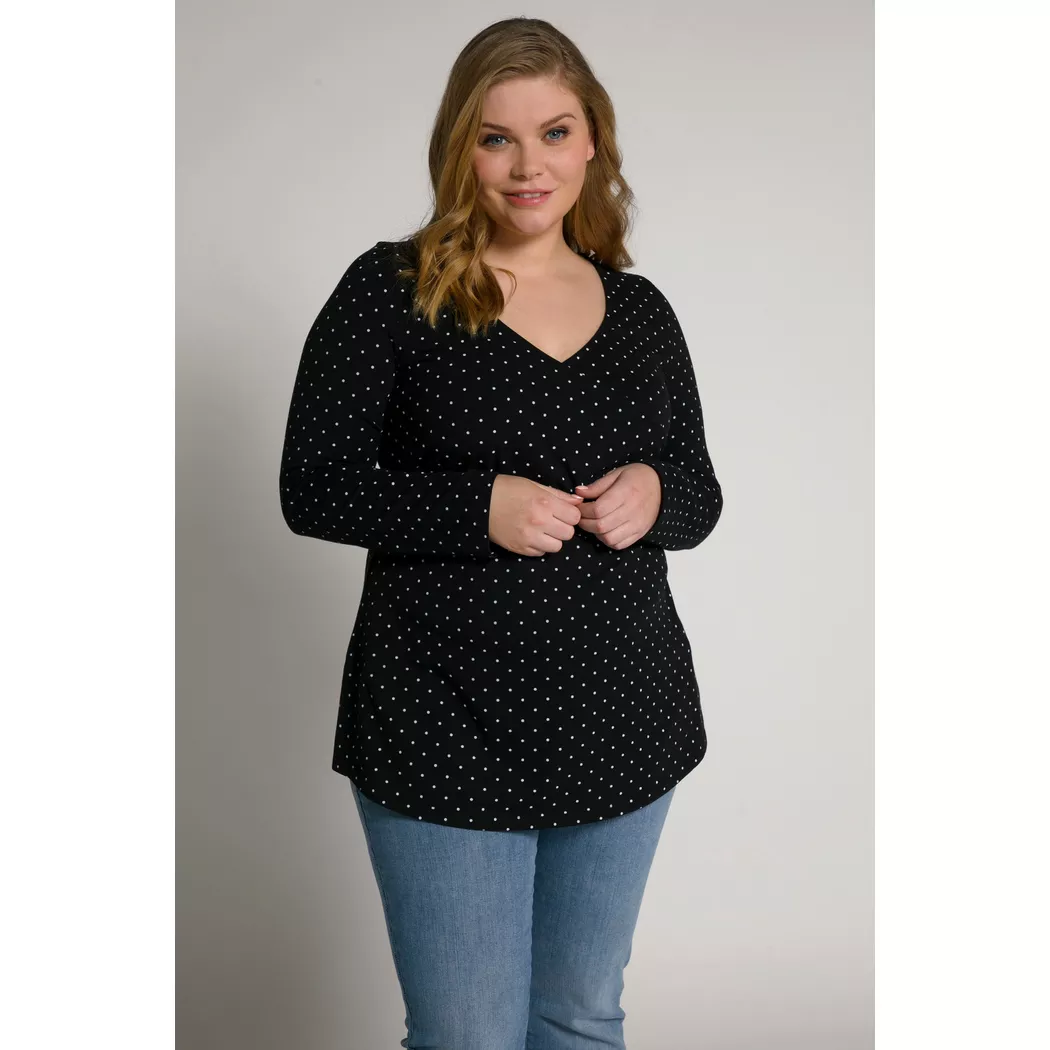Ulla Popken - Bellieva-Wickelshirt, Punkte, V-Ausschnitt, Langarm, GOTS, für Damen, Schwarz, Größe 54/56