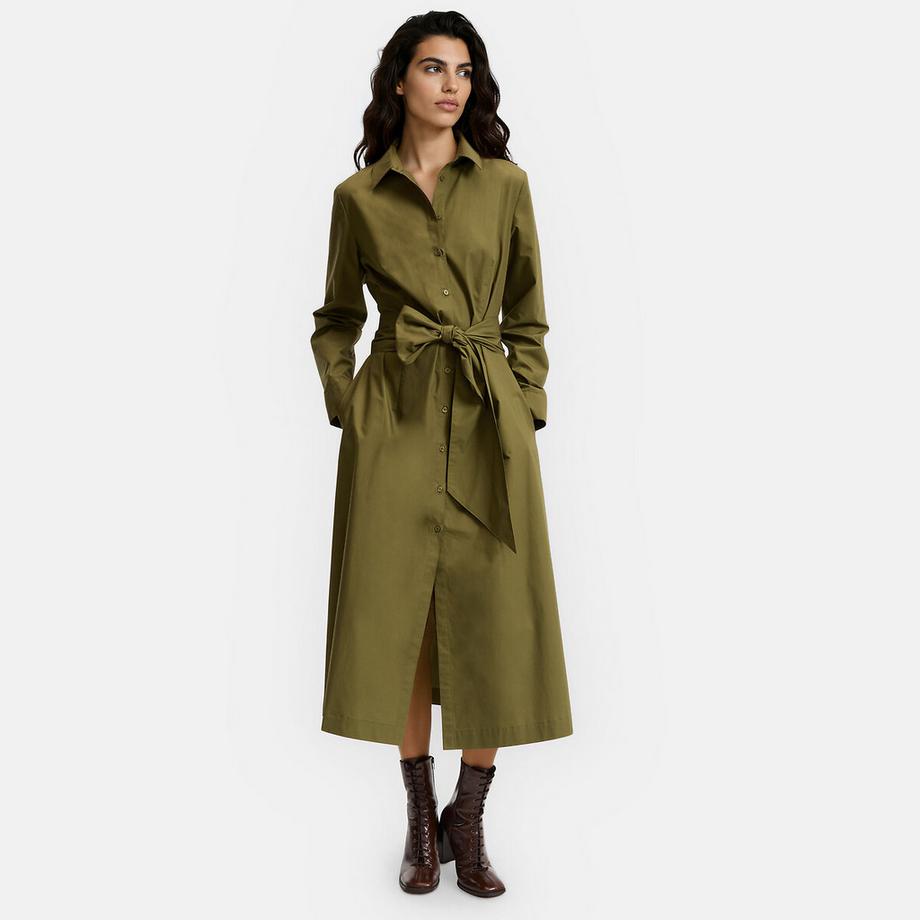 Midi-Hemdblusenkleid mit langen Ärmeln und Bindegürtel