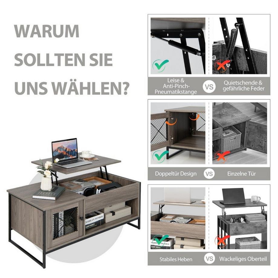 Northix Couchtisch mit Hubplatte Mitteltisch mit Pneumatischer Hebevorrichtung 106 x 55 x 44,5 cm Grau  