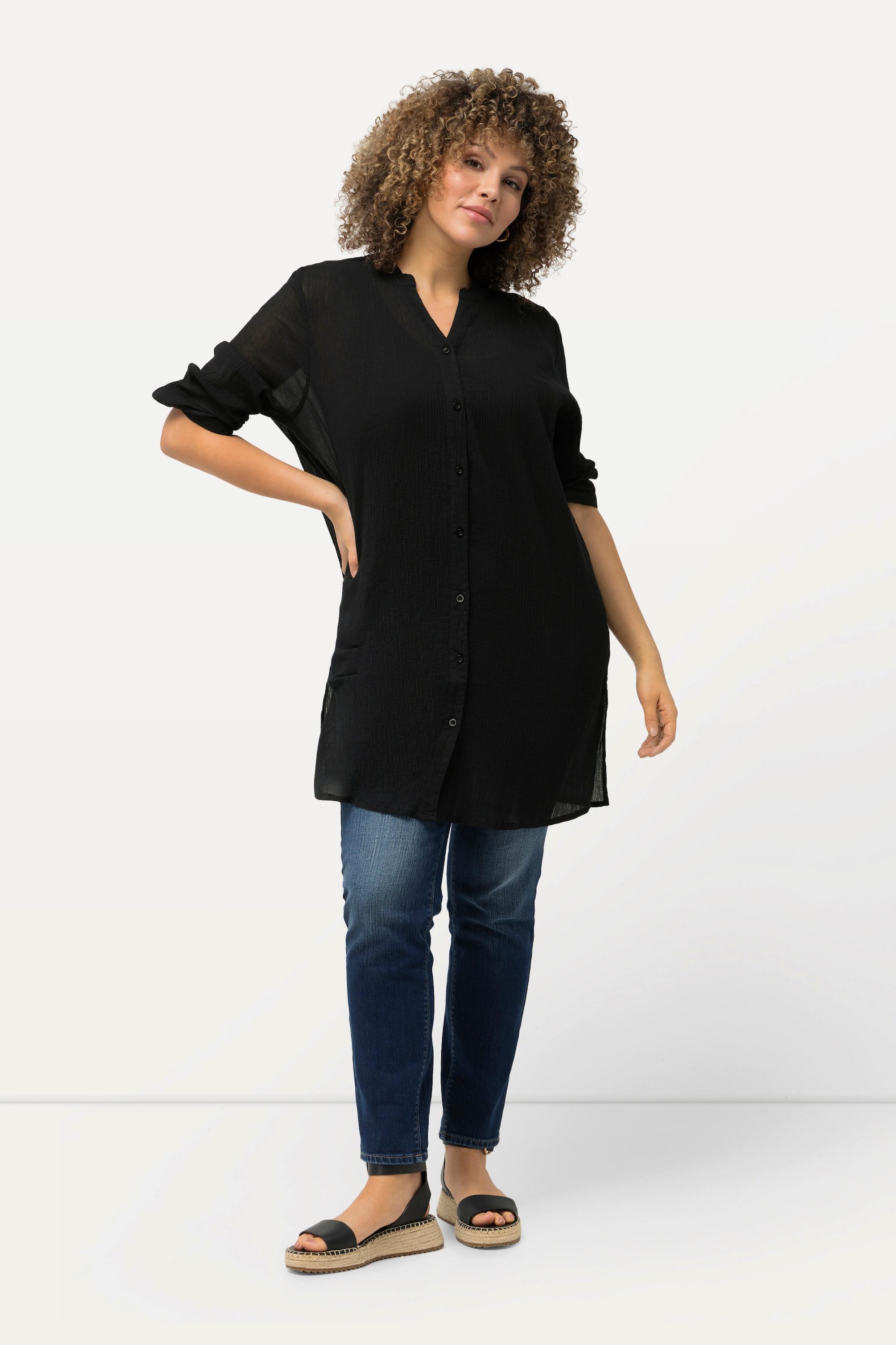 Ulla Popken  Blusa lunga in crêpe con collo alto, scollo a V e maniche a 3/4 