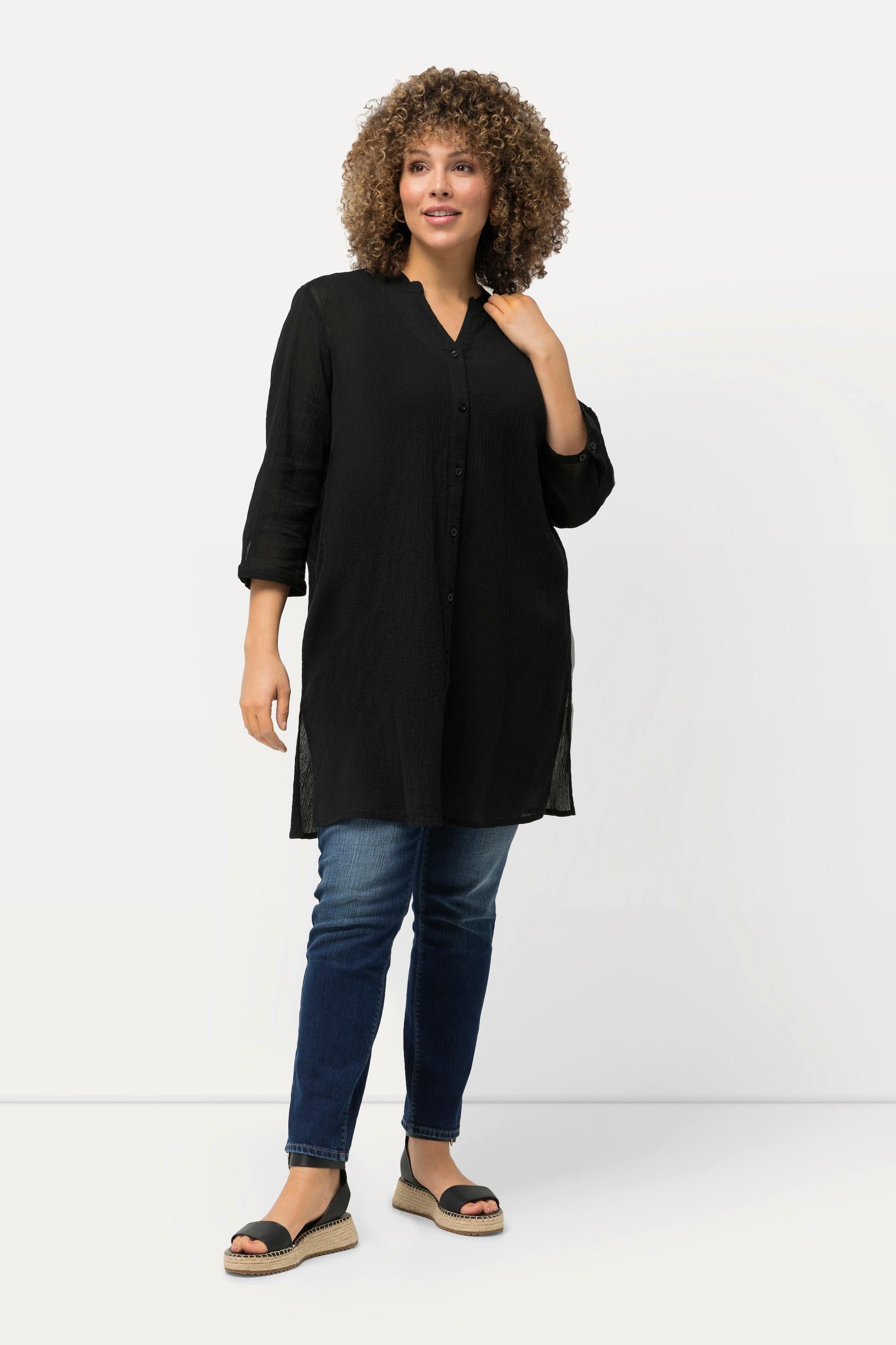 Ulla Popken  Blusa lunga in crêpe con collo alto, scollo a V e maniche a 3/4 