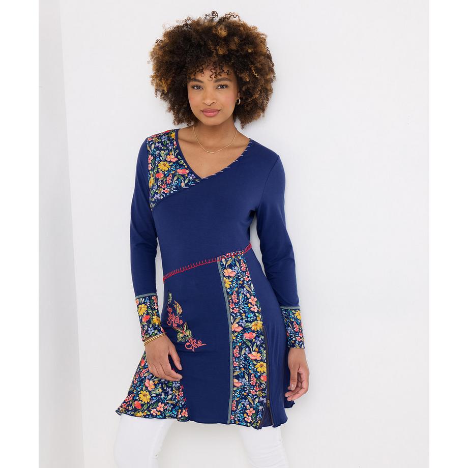 Tunika aus geblümtem Jersey mit Blankettstich