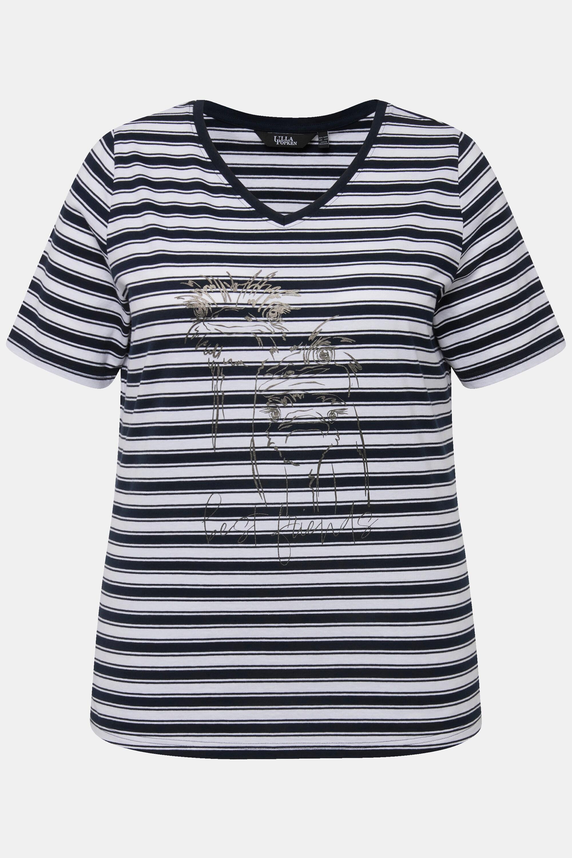 Ulla Popken  T-shirt a righe con design metallico con animale, scollo a V e mezze maniche 