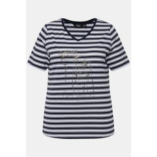 Ulla Popken  T-shirt a righe con design metallico con animale, scollo a V e mezze maniche 